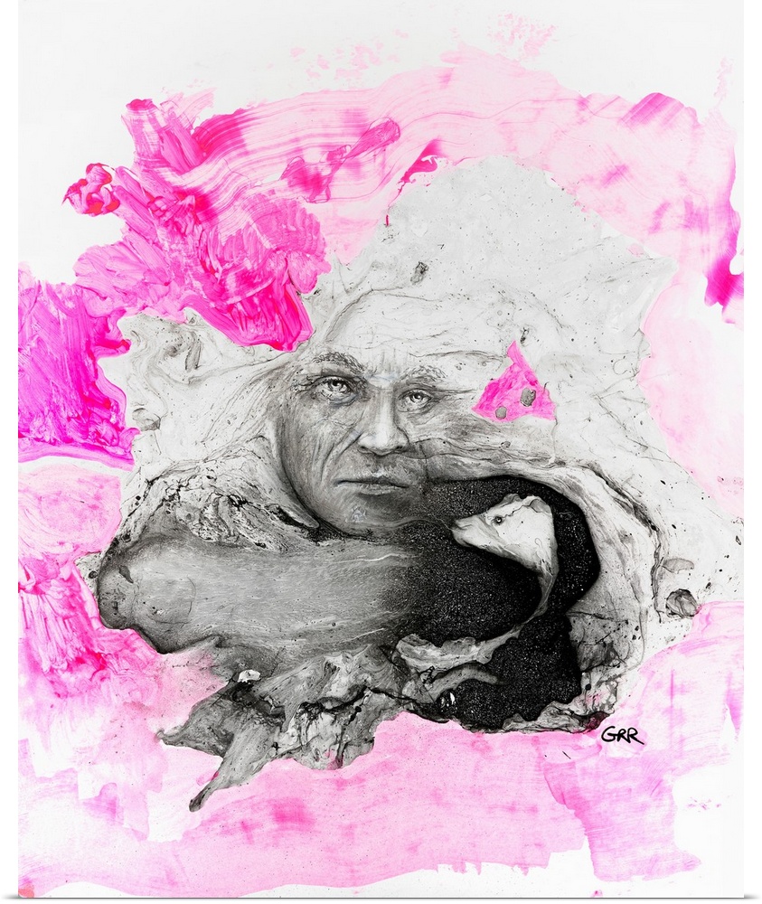 Illustration of a man's face and a rat's head surrounded by pink and white brush patterns.