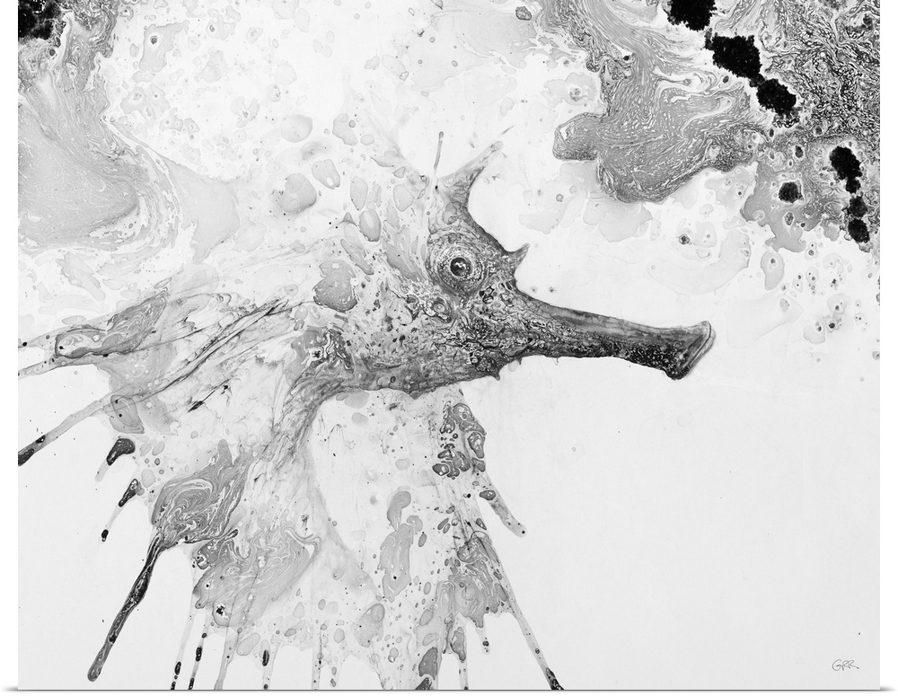 Illustration of a seahorse surrounded by splashes and mottled abstract.