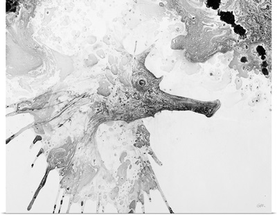 Illustration of a seahorse surrounded by splashes and mottled abstract