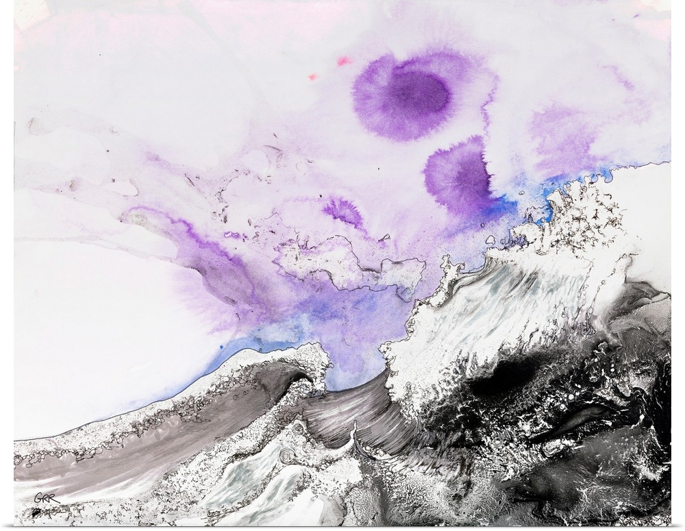 Illustration of waves crashing and splashes of blue and purple above.