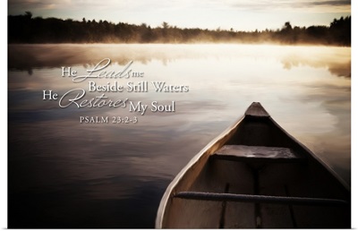 Image Of A Canoe On A Tranquil Lake With Fog At Sunrise And Scripture From Psalm 23:2-3