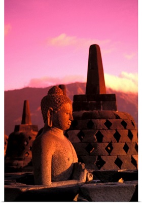 Indonesia, Java, Borobudor Temple And Buddha Statue At Sunrise