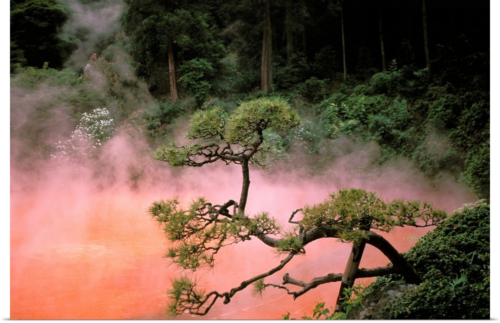 Japan, Beppu Kyushu, Mist From Chinoike Jigoku, Red Volcanic Pool