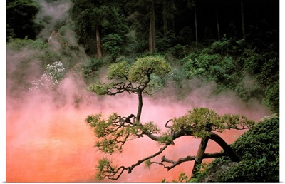 Japan, Beppu Kyushu, Mist From Chinoike Jigoku, Red Volcanic Pool