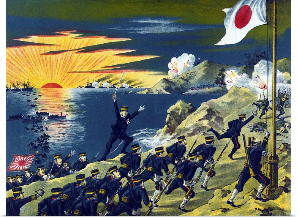 Woodcut illustration of the Japanese Second Army landing on the Liaodong Peninsula. As a result, the Russian troops flee. ...