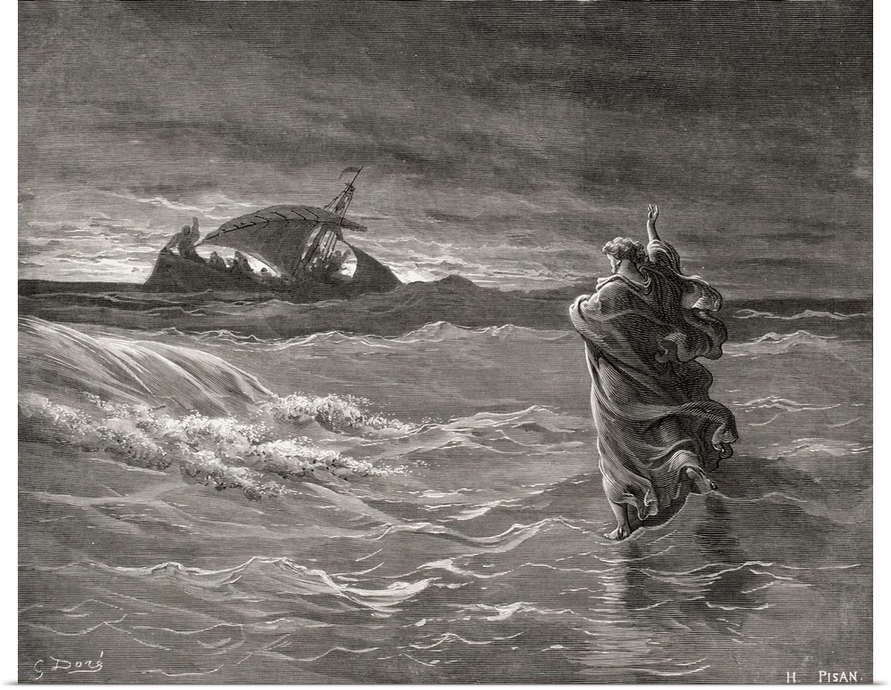 Engraving From The Dore Bible Illustrating John VI 19 To 21, Jesus Walking On The Sea, By Gustave Dore, 1832-1883, French ...