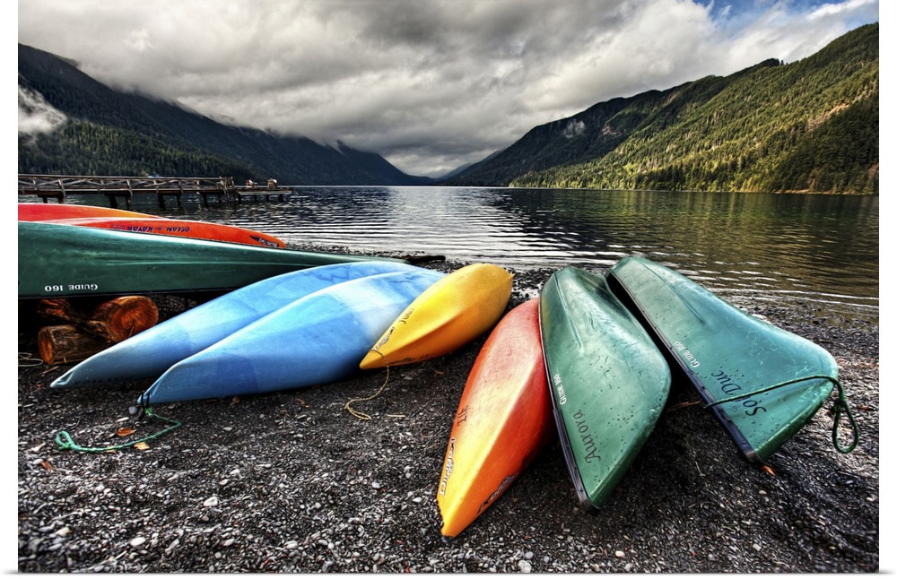 Kayaks on the shore of Lake Crescent.