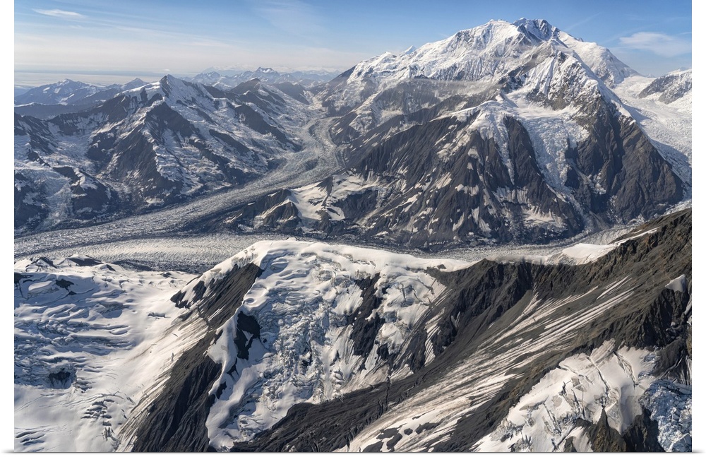 Aerial photo of Kluane national park, with snow covered mountains and glacial masses making up the landscape, Haines junct...