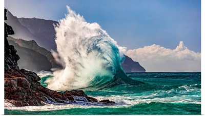 Large Waves Crashing Along Coastline Of The Na Pali Coast At Ke'e Beach, Kauai, Hawaii