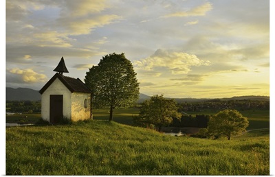 Little Chapel With Tree At Sunset In Spring, Aidlinger Hohe, Bavaria, Germany