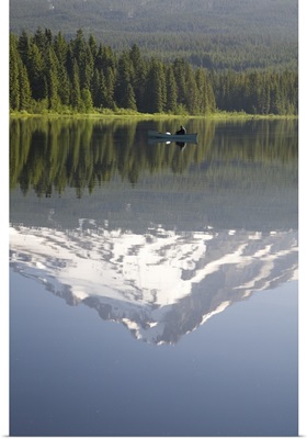Man On Boat, Mt. Hood Reflects In Trillium Lake, Mt Hood National Forest, Oregon
