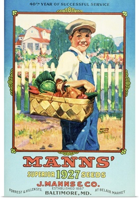 Mann's seed catalog with illustration of boy holding vegetables from the 20th century