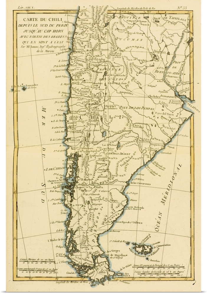 Map Of Chile And Southern Peru To Cape Horn, Circa. 1760. From "Atlas De Toutes Les Parties Connues Du Globe Terrestre,"? ...