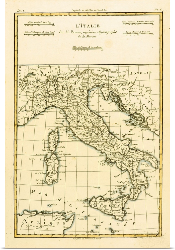 Map Of Italy, Circa. 1760. From "Atlas De Toutes Les Parties Connues Du Globe Terrestre,"? By Cartographer Rigobert Bonne....