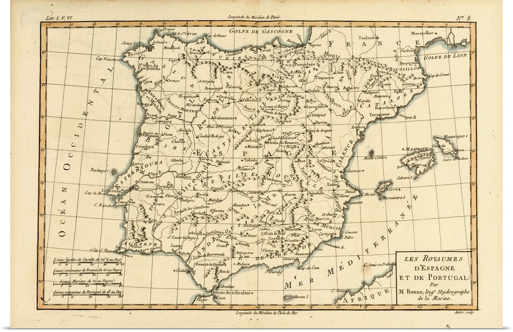 Map Of Spain And Portugal, Circa. 1760. From "Atlas De Toutes Les Parties Connues Du Globe Terrestre,"? By Cartographer Ri...