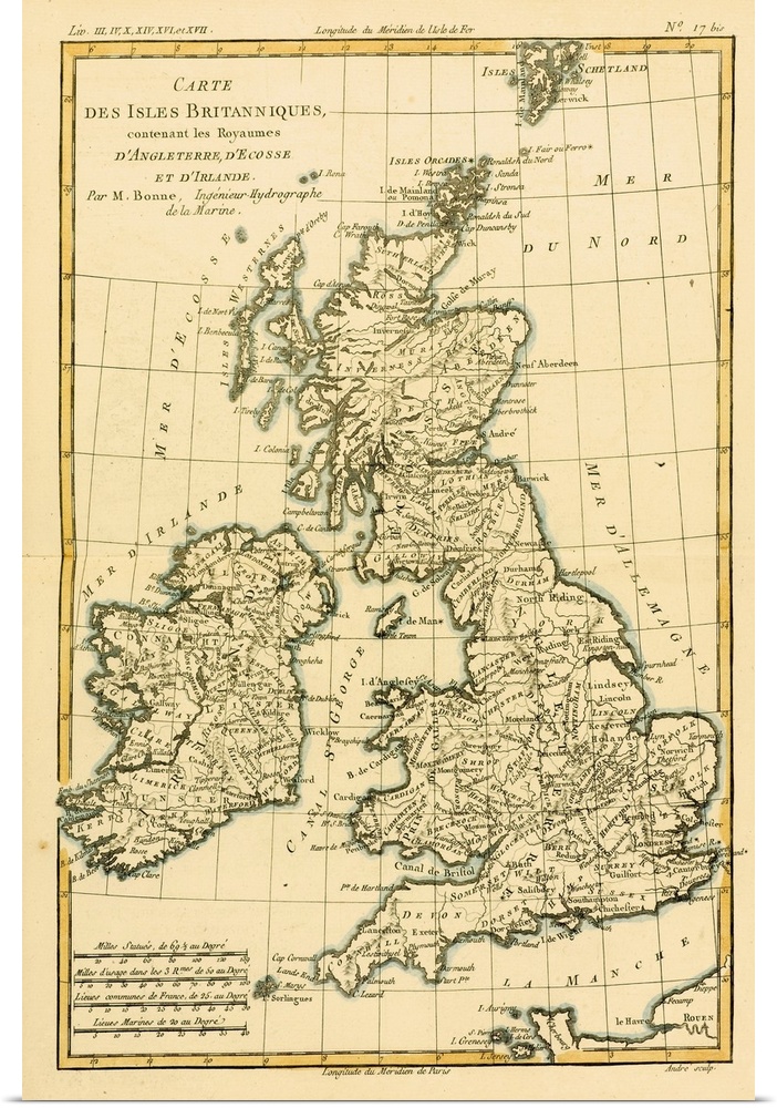 Map Of The British Isles, Circa. 1760. From "Atlas De Toutes Les Parties Connues Du Globe Terrestre,"? By Cartographer Rig...