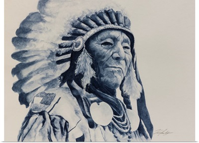 Monochromatic Watercolor Of Aboriginal Elder With Headdress