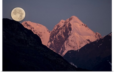 Moonset Behind Mount Salisbury In Glacier Bay National Park And Preserve, Alaska