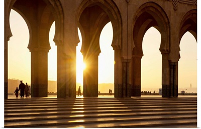 Morocco, Archways of Hassan II mosque at dusk, Casablanca