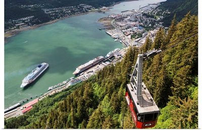 Mount Roberts Tramway above Juneau and cruise ships in Gastineau Channel, Alaska