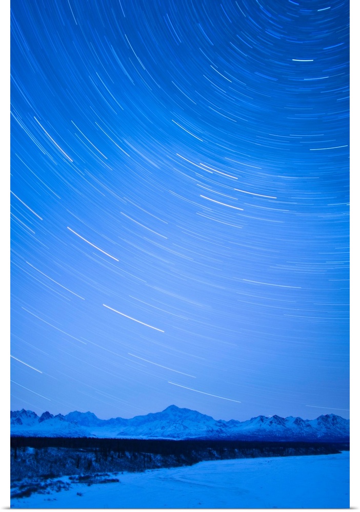 Night View Of Star Trails Over Mt. McKinley, Denali State Park, Southcentral Alaska