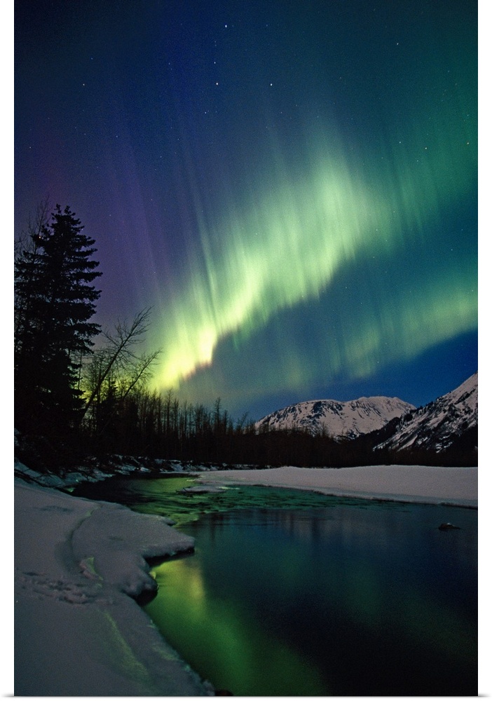 This is a vertical landscape photograph showing the Aurora Borealis reflecting in the still waters of a river on a snowy n...