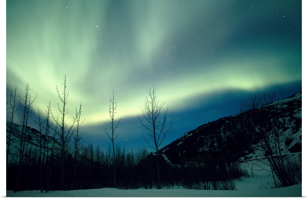 Big horizontal photograph of the northern lights over a snow covered valley in Alaska.