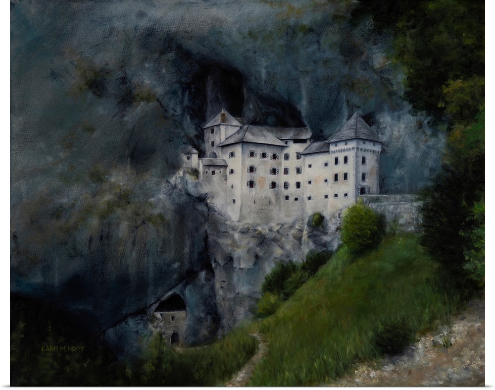 Oil painting of Predjama castle, Slovenia.