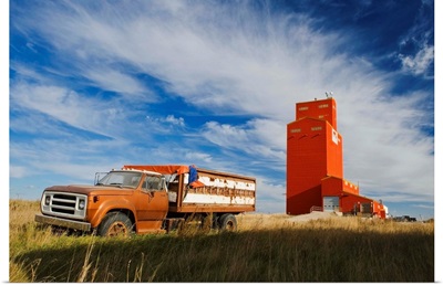Old Farm Truck And Grain Elevator, Stoughton, Saskatchewan, Canada