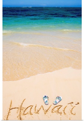 Pair Of Flipflops And Hawaii Written In The Sand, Gorgeous Blue Ocean