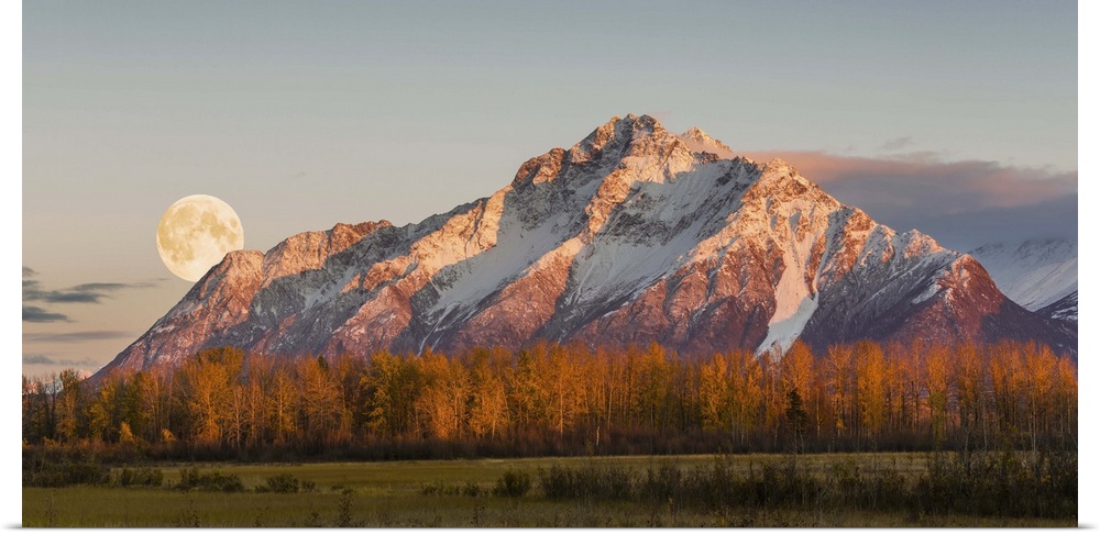 Scenic sunset view of Pioneer Peak with the full moon rising over the Palmer Hay Flats, Alaska, Autumn.