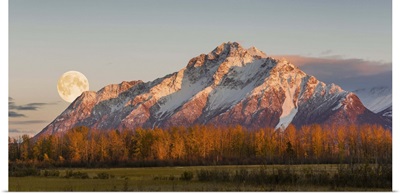 Pioneer Peak with the full moon rising over the Palmer Hay Flats, Alaska