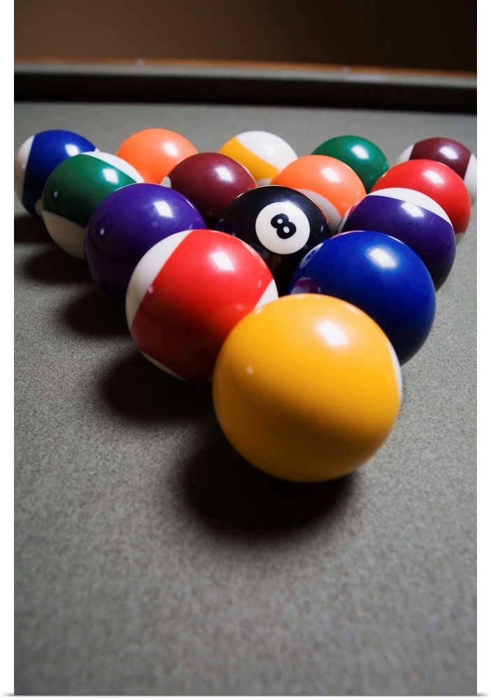 Pool Balls On A Billiard Table With The Eight Ball Facing Upwards