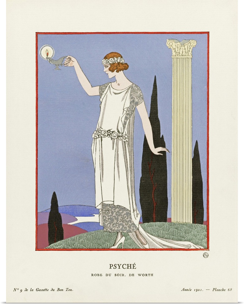 Psyche.  Psyche.  Robe du Soir de Worth.  Evening dress by Worth.  Art-deco fashion illustration by French artist George B...
