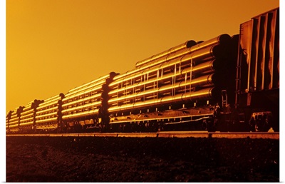 Rail Car Train Carrying Steel Pipe, Near Winnipeg, Manitoba, Canada