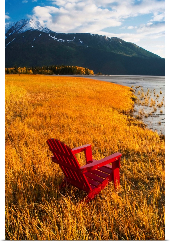 Vertical, large photograph of a single adirondack chair sitting at the edge of a grassy coastline, looking toward the wate...