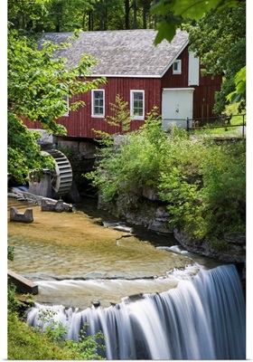 Red Barn With A Mill Wheel And Waterfall; Thorold, Ontario, Canada