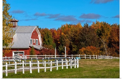 Red barn with trees in autumn colours, Sutton, Quebec, Canada