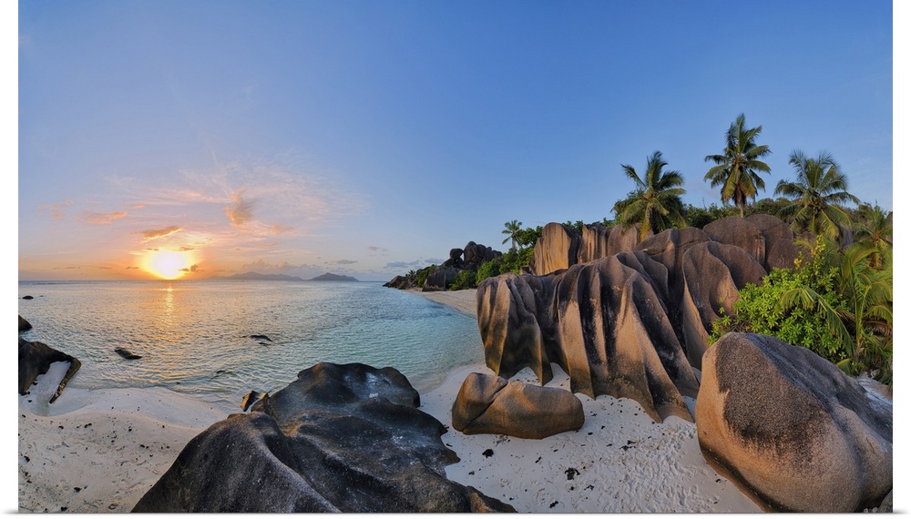 Rock Formations and Palm Trees at Sunset, Anse Source doArgent, La Digue, Seychelles