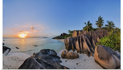 Rock Formations And Palm Trees At Sunset, Anse Source DoArgent, La Digue, Seychelles