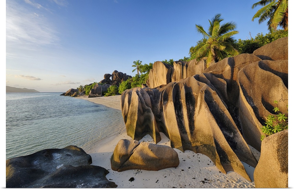 Rock Formations and Palm Trees near Sunset, Anse Source doArgent, La Digue, Seychelles