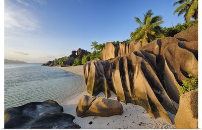 Rock Formations And Palm Trees Near Sunset, Anse Source DoArgent, La Digue, Seychelles