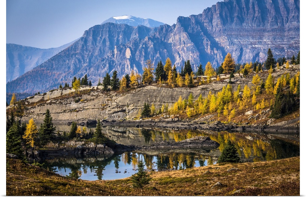 Rock Isle Lake in Autumn with Mountain Range in Background, Mount Assiniboine Provincial Park, British Columbia, Canada