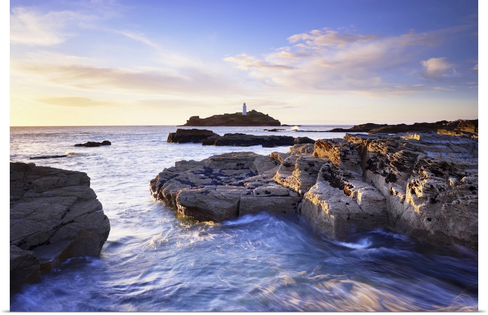 Rocky Coastline and Lighthouse, Godrevy Point, Cornwall, England
