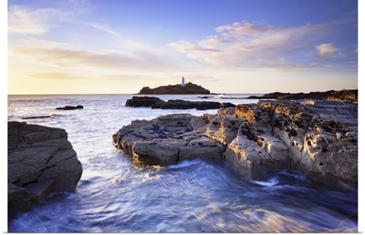 Rocky Coastline And Lighthouse, Godrevy Point, Cornwall, England
