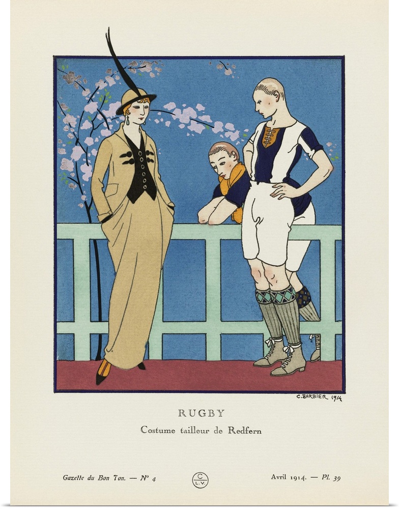 Rugby.  Costume tailleur de Redfern.  Tailored suit by Redfern.  Art-deco fashion illustration by French artist George Bar...