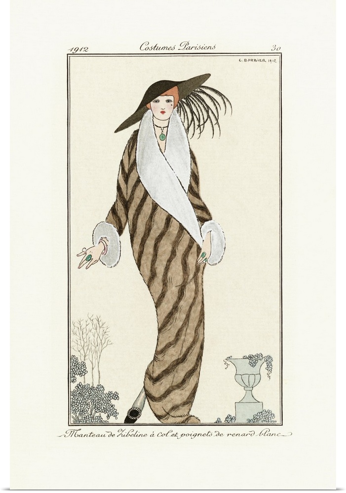 Manteau de Zibelin -  Sable Coat.  Print from the high fashion magazine Journal des Dames et des Modes, published from Jun...