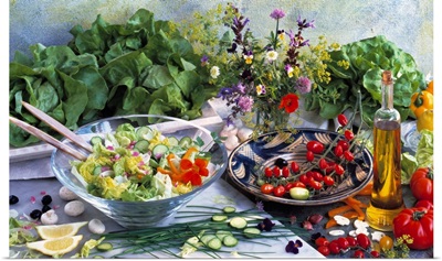 Salad still-life with vegetables and ingredients