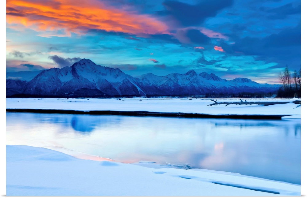 Winter sunrise over the Matanuska River and Pioneer Peak in the Matanuska Susitna Valley near Palmer, Southcentral Alaska,...