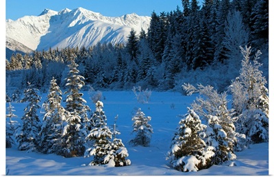 Scenic view of Chugach Mountains and snowcovered landscape, Southcentral Alaska, Winter